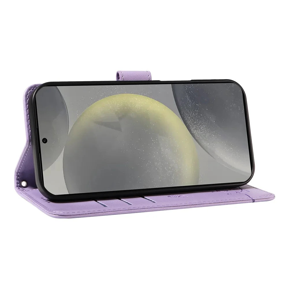 For Samsung Galaxy S25 / S24 Wallet Case Cat Pattern Imprint Leather Phone Cover with Wrist Strap - Light Purple - 3