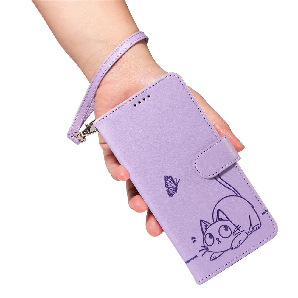 For Samsung Galaxy S25 / S24 Wallet Case Cat Pattern Imprint Leather Phone Cover with Wrist Strap - Light Purple - 5
