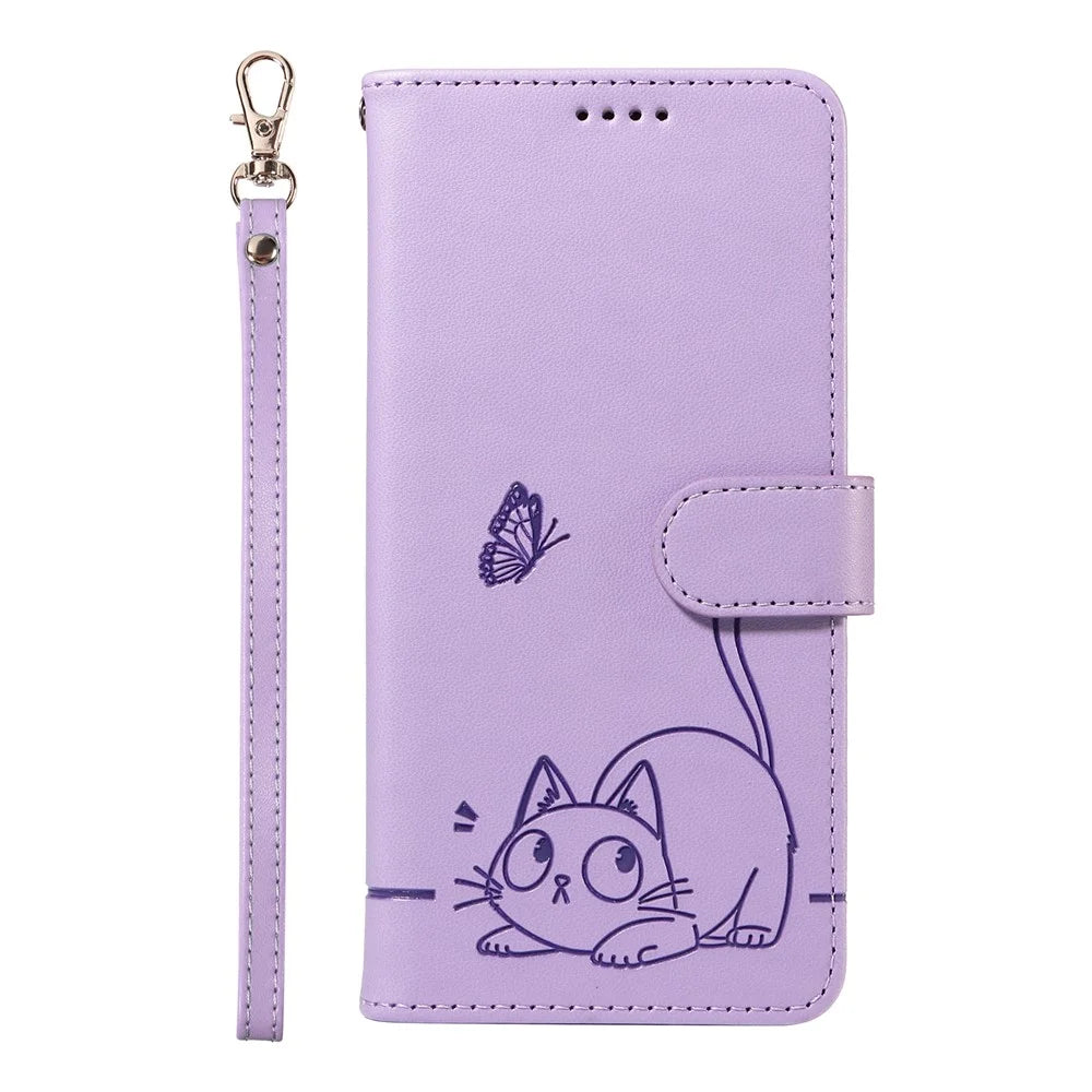 For Samsung Galaxy S25 / S24 Wallet Case Cat Pattern Imprint Leather Phone Cover with Wrist Strap - Light Purple - 6