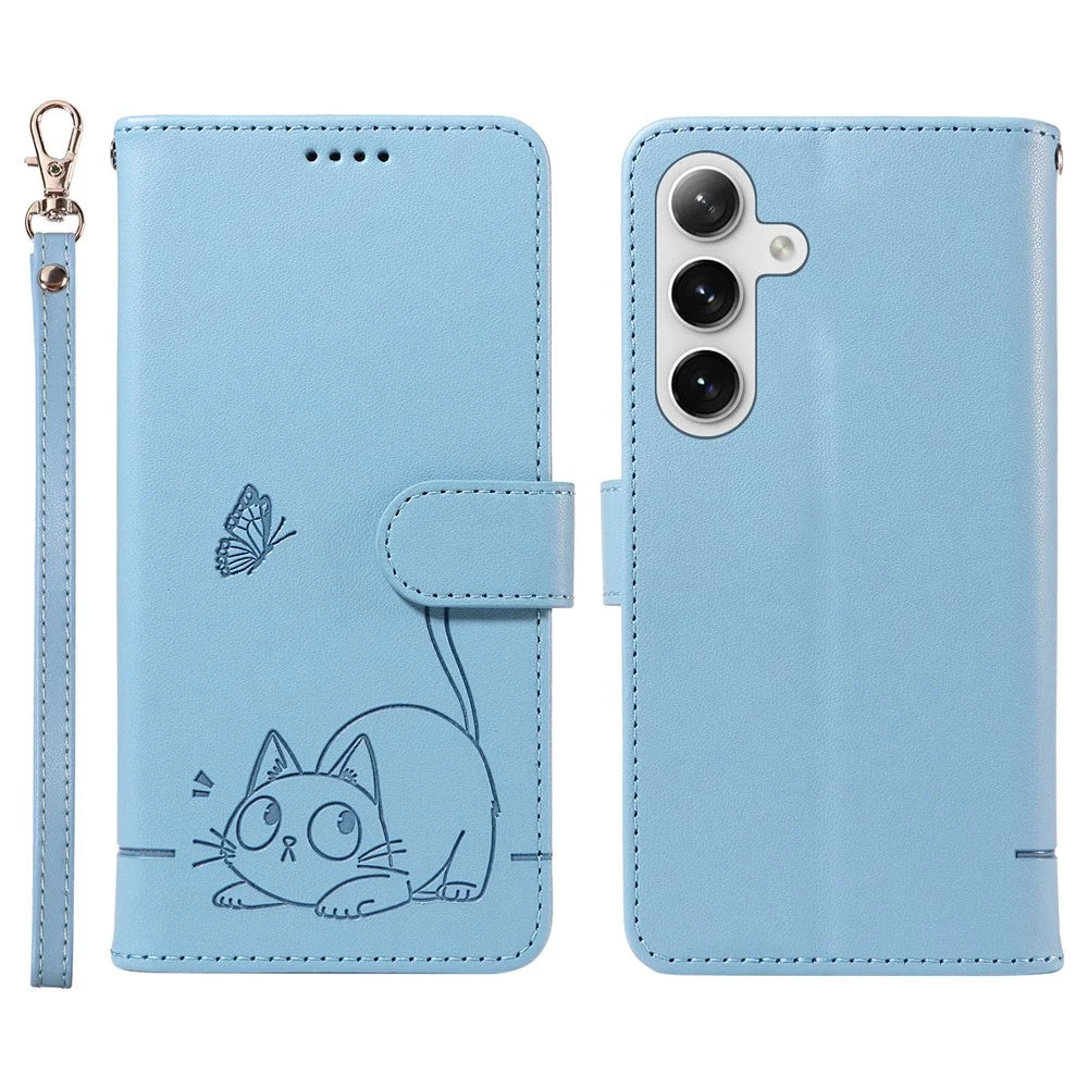 For Samsung Galaxy S25+ / S24+ Wallet Case Cat Pattern Imprint Leather Phone Cover with Wrist Strap - Sky Blue - 1