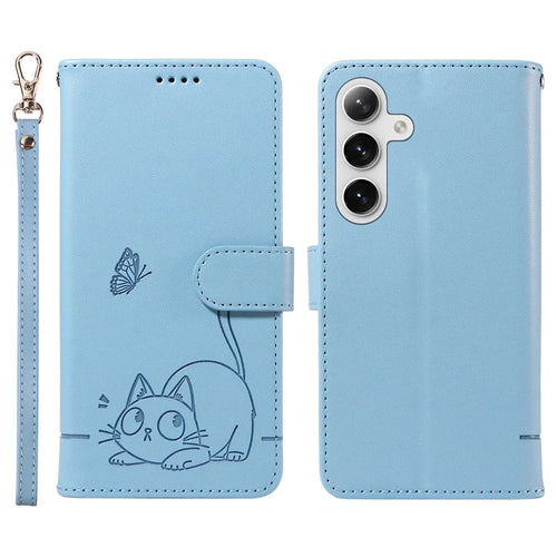 For Samsung Galaxy S25+ / S24+ Wallet Case Cat Pattern Imprint Leather Phone Cover with Wrist Strap - Sky Blue - 1