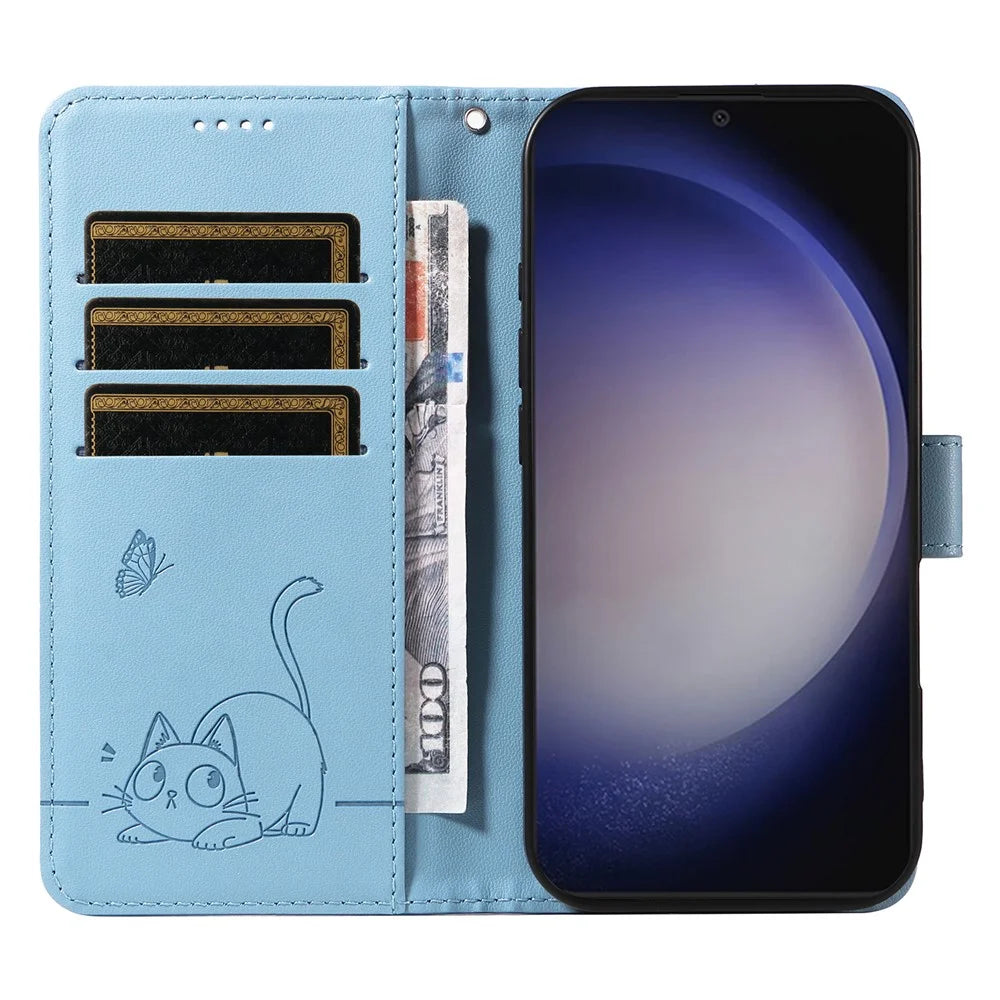 For Samsung Galaxy S25+ / S24+ Wallet Case Cat Pattern Imprint Leather Phone Cover with Wrist Strap - Sky Blue - 2