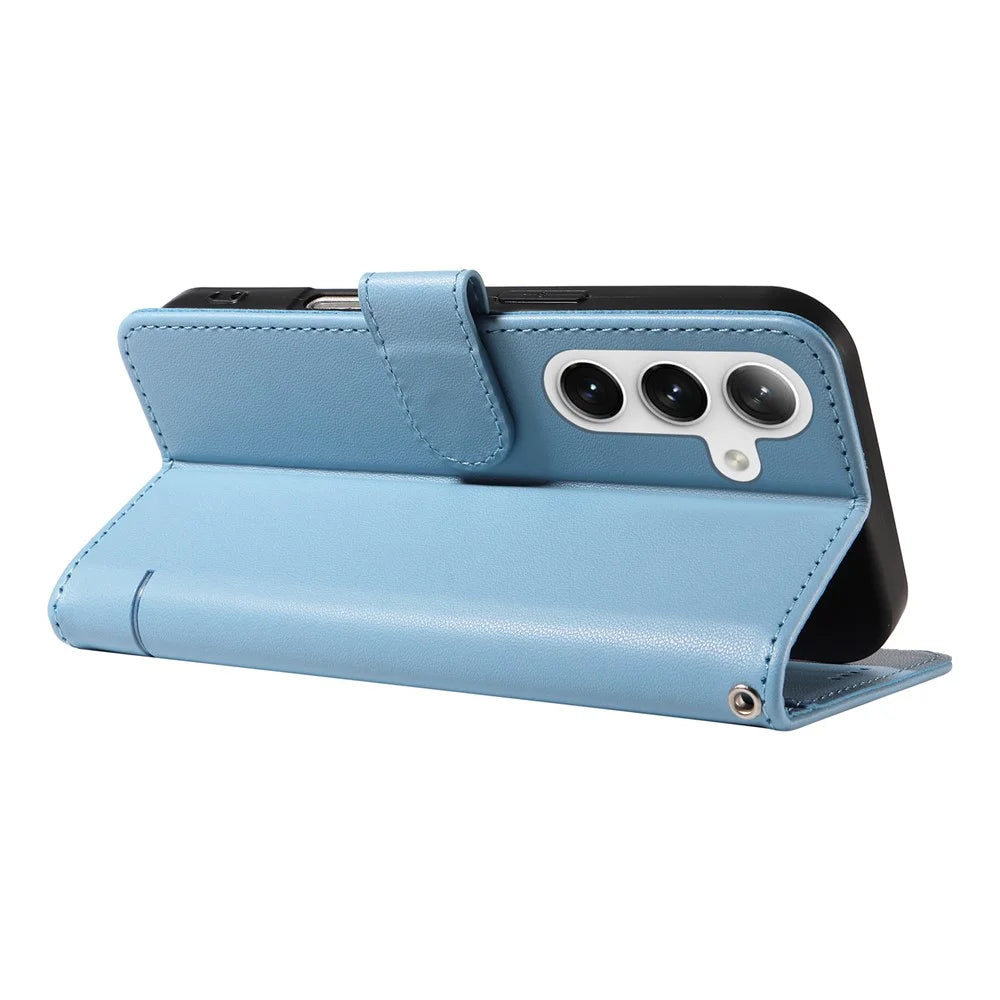 For Samsung Galaxy S25+ / S24+ Wallet Case Cat Pattern Imprint Leather Phone Cover with Wrist Strap - Sky Blue - 4