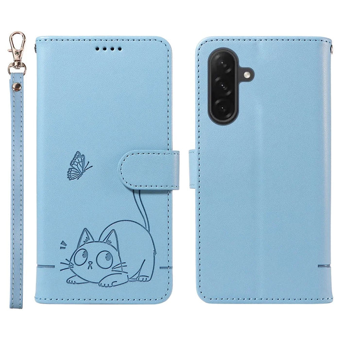 For Samsung Galaxy A26 5G / A16 5G / A16 4G Wallet Case Cat Pattern Imprint Leather Phone Cover with Wrist Strap - Sky Blue - 1