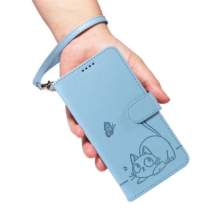 For Samsung Galaxy A26 5G / A16 5G / A16 4G Wallet Case Cat Pattern Imprint Leather Phone Cover with Wrist Strap - Sky Blue - 5