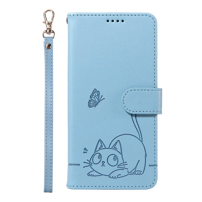 For Samsung Galaxy A26 5G / A16 5G / A16 4G Wallet Case Cat Pattern Imprint Leather Phone Cover with Wrist Strap - Sky Blue - 6