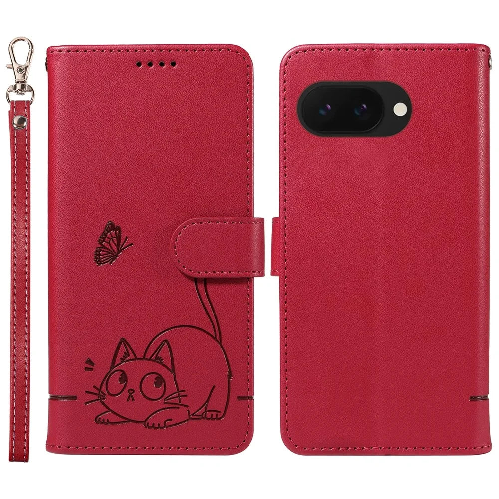 For Google Pixel 9a Wallet Case Cat Pattern Imprint Leather Phone Cover with Wrist Strap - Red - 1