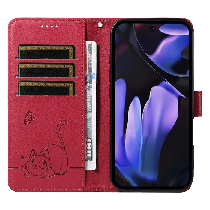 For Google Pixel 9a Wallet Case Cat Pattern Imprint Leather Phone Cover with Wrist Strap - Red - 2