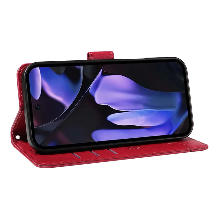 For Google Pixel 9a Wallet Case Cat Pattern Imprint Leather Phone Cover with Wrist Strap - Red - 3