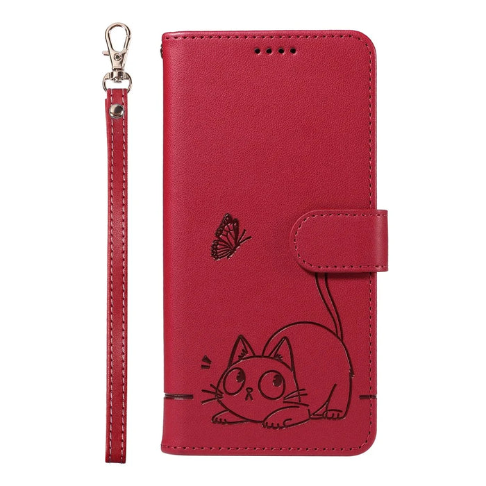 For Google Pixel 9a Wallet Case Cat Pattern Imprint Leather Phone Cover with Wrist Strap - Red - 6
