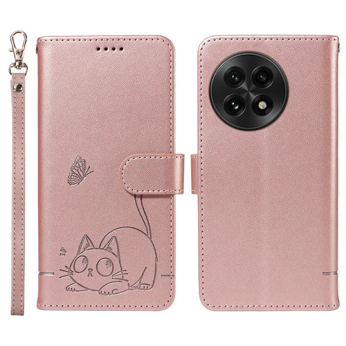 For OnePlus 13 Wallet Case Cat Pattern Imprint Leather Phone Cover with Wrist Strap - Rose Gold - 1