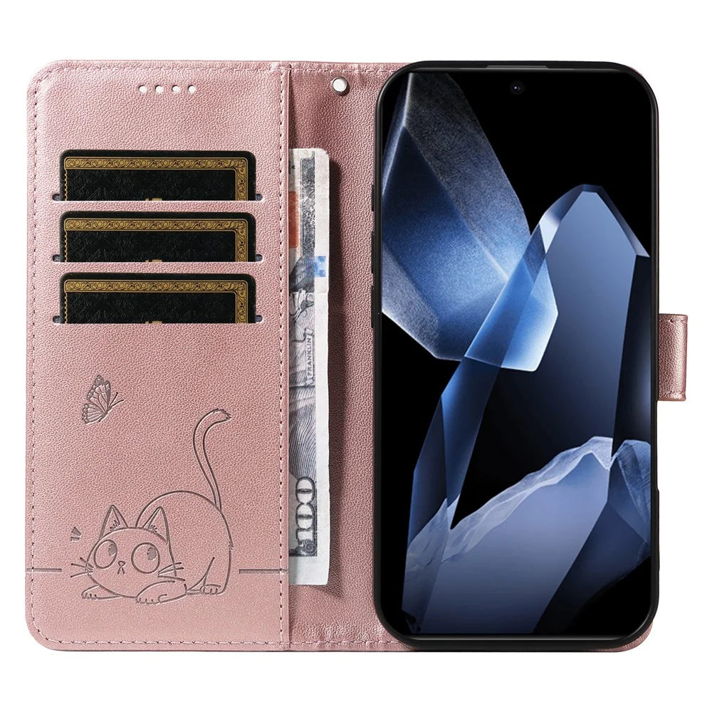 For OnePlus 13 Wallet Case Cat Pattern Imprint Leather Phone Cover with Wrist Strap - Rose Gold - 2