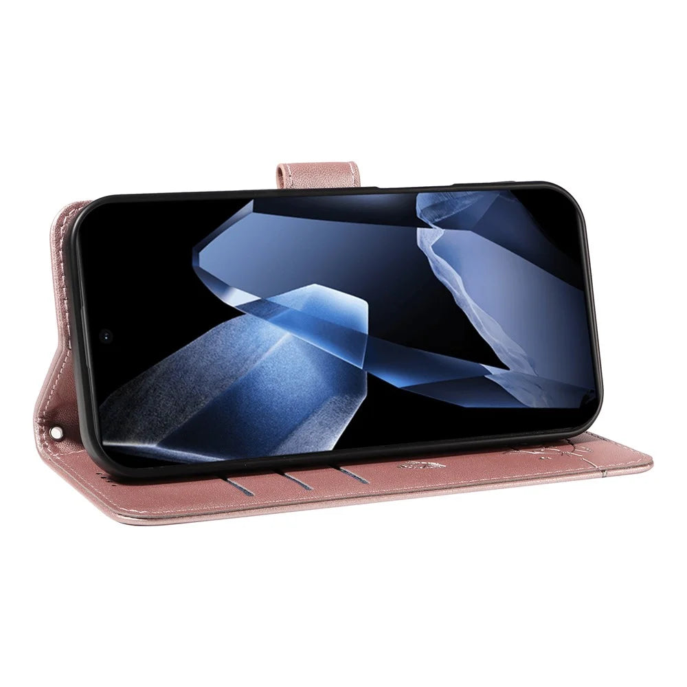 For OnePlus 13 Wallet Case Cat Pattern Imprint Leather Phone Cover with Wrist Strap - Rose Gold - 3
