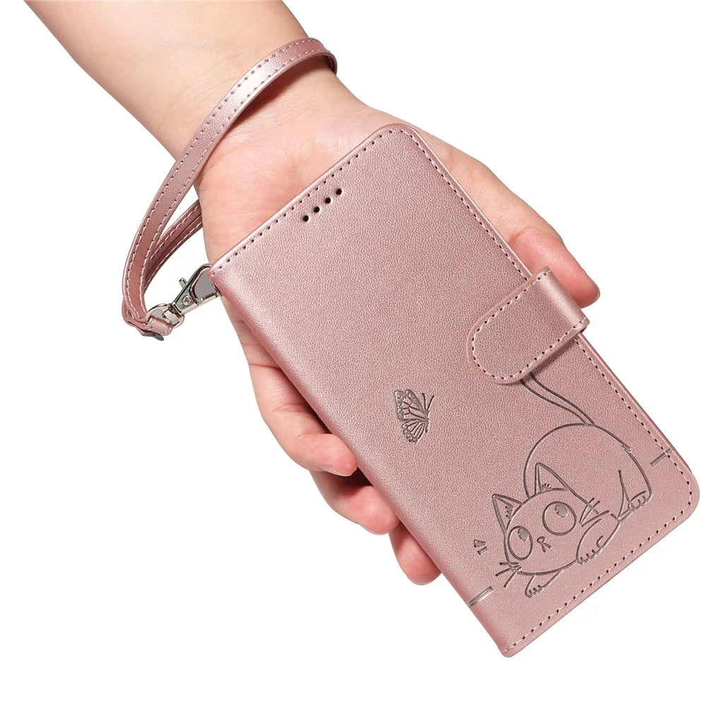 For OnePlus 13 Wallet Case Cat Pattern Imprint Leather Phone Cover with Wrist Strap - Rose Gold - 5