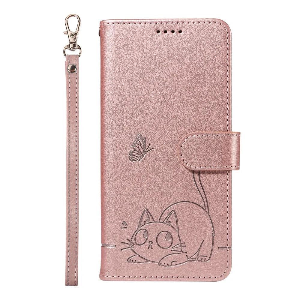 For OnePlus 13 Wallet Case Cat Pattern Imprint Leather Phone Cover with Wrist Strap - Rose Gold - 6