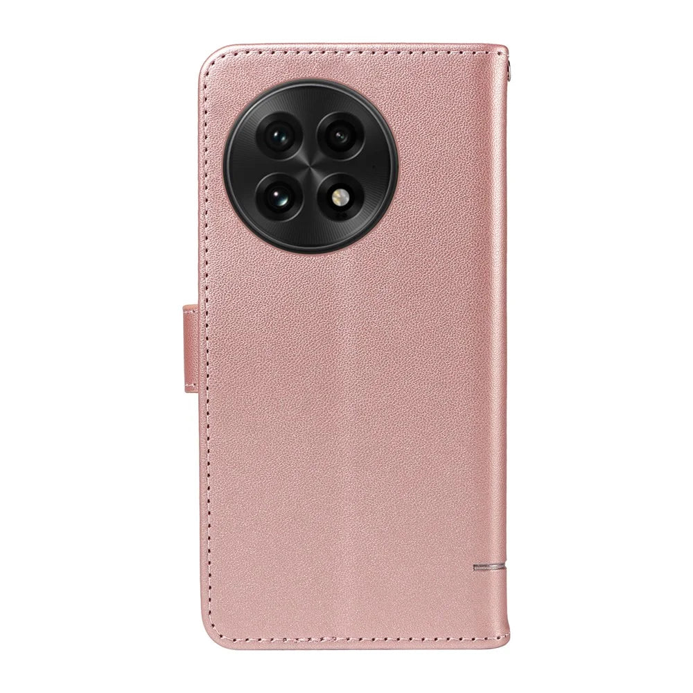 For OnePlus 13 Wallet Case Cat Pattern Imprint Leather Phone Cover with Wrist Strap - Rose Gold - 7