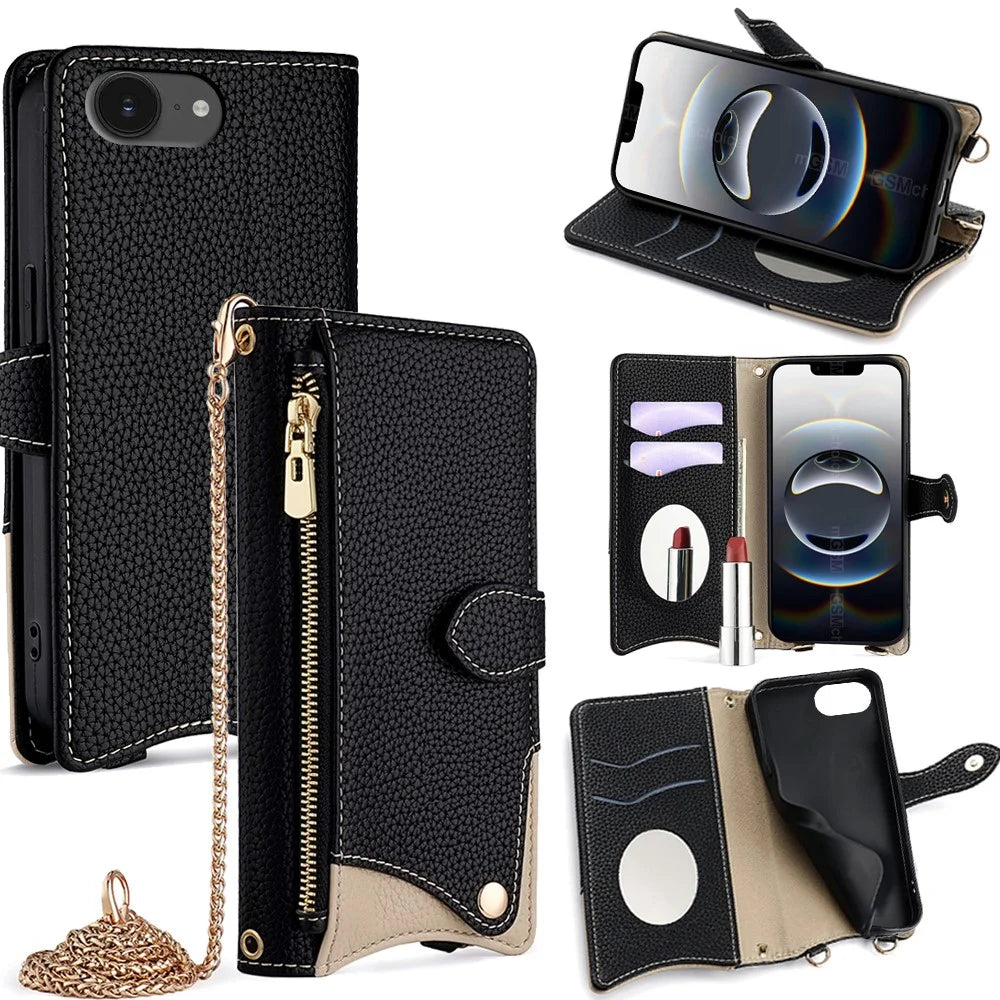 For iPhone 17e / 16e Wallet Case Fishtail Design Leather Phone Cover with Mirror / Stand / Strap - Black - 1