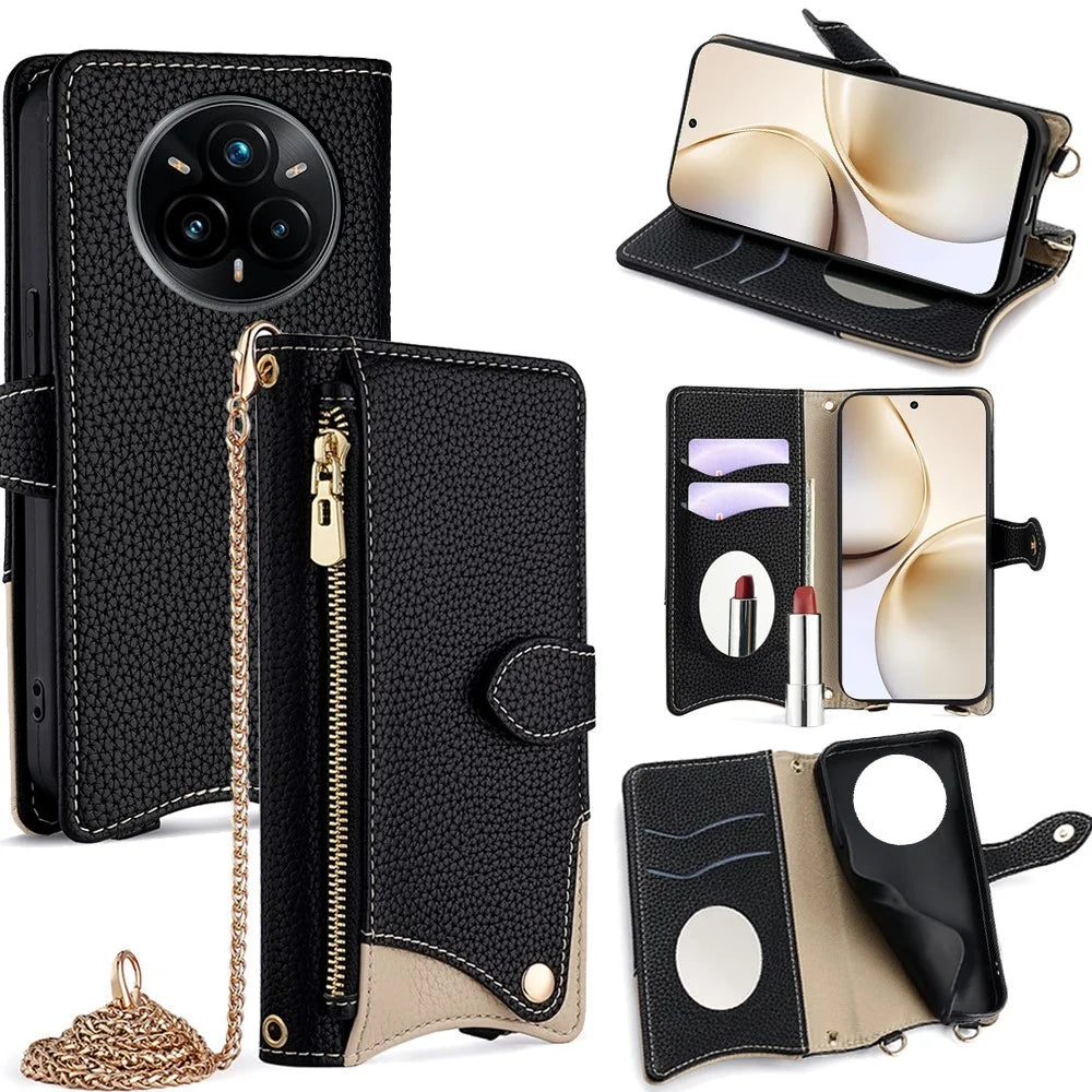 For Realme 14 Pro+ 5G Wallet Case Fishtail Design Leather Phone Cover with Mirror / Stand / Strap - Black - 1