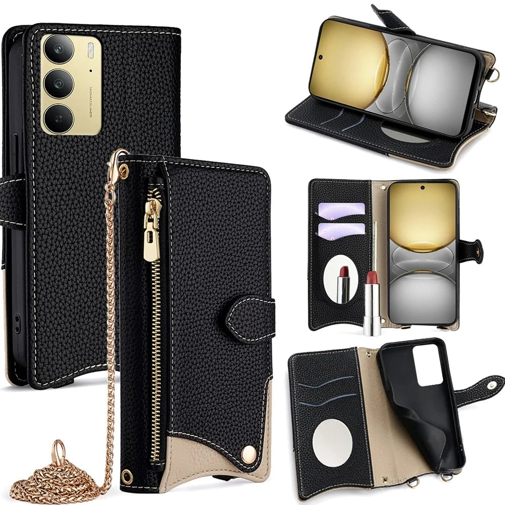 For Realme C75 4G / 14x 5G Wallet Case Fishtail Design Leather Phone Cover with Mirror / Stand / Strap - Black - 1
