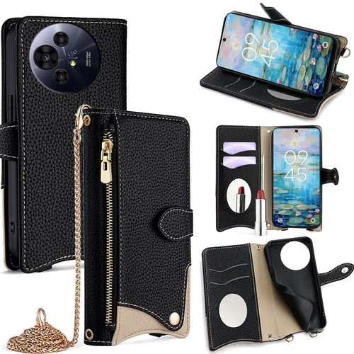 Wallet Case for TCL 50 NxtPaper 5G  /  50 Pro NxtPaper 5G Fishtail Design Leather Phone Cover with Mirror  /  Stand  /  Strap - Black - 1