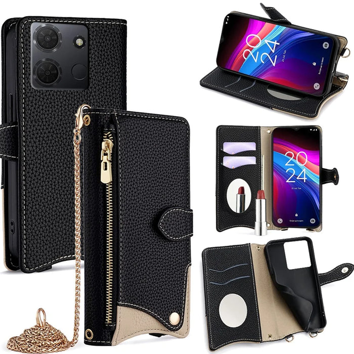 For TCL 503 Wallet Case Fishtail Design Leather Phone Cover with Mirror / Stand / Strap - Black - 1