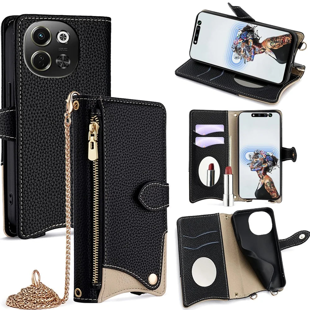 Wallet Case for TECNO Pova 6 Neo 5G  /  Spark 30 5G Fishtail Design Leather Phone Cover with Mirror  /  Stand  /  Strap - Black - 1