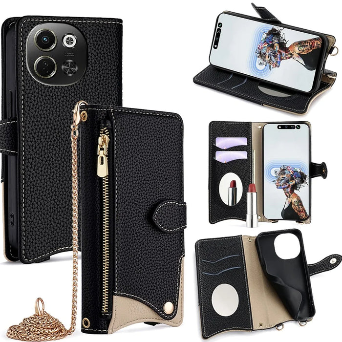 Wallet Case for TECNO Pova 6 Neo 5G  /  Spark 30 5G Fishtail Design Leather Phone Cover with Mirror  /  Stand  /  Strap - Black - 1
