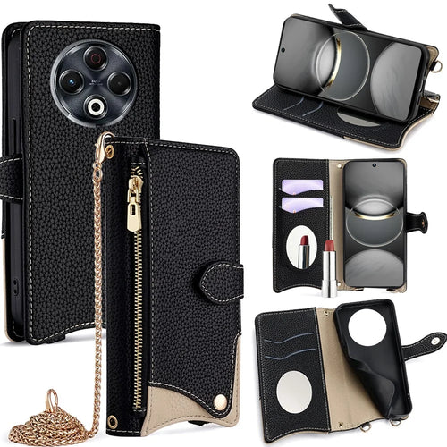 For TECNO Spark 30 4G Wallet Case Fishtail Design Leather Phone Cover with Mirror / Stand / Strap - Black - 1