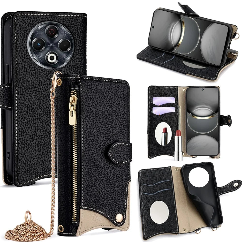 For TECNO Spark 30 4G Wallet Case Fishtail Design Leather Phone Cover with Mirror / Stand / Strap - Black - 1