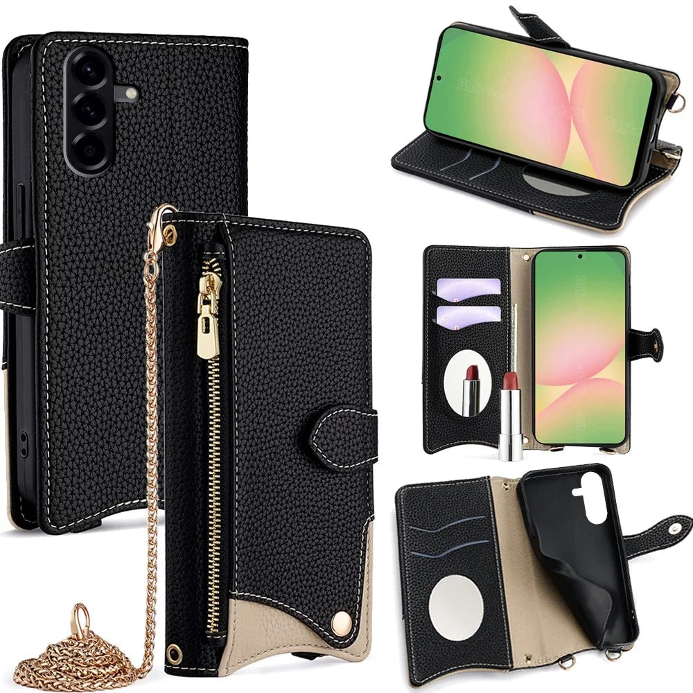 For Samsung Galaxy A56 5G Wallet Case Fishtail Design Leather Phone Cover with Mirror / Stand / Strap - Black - 1