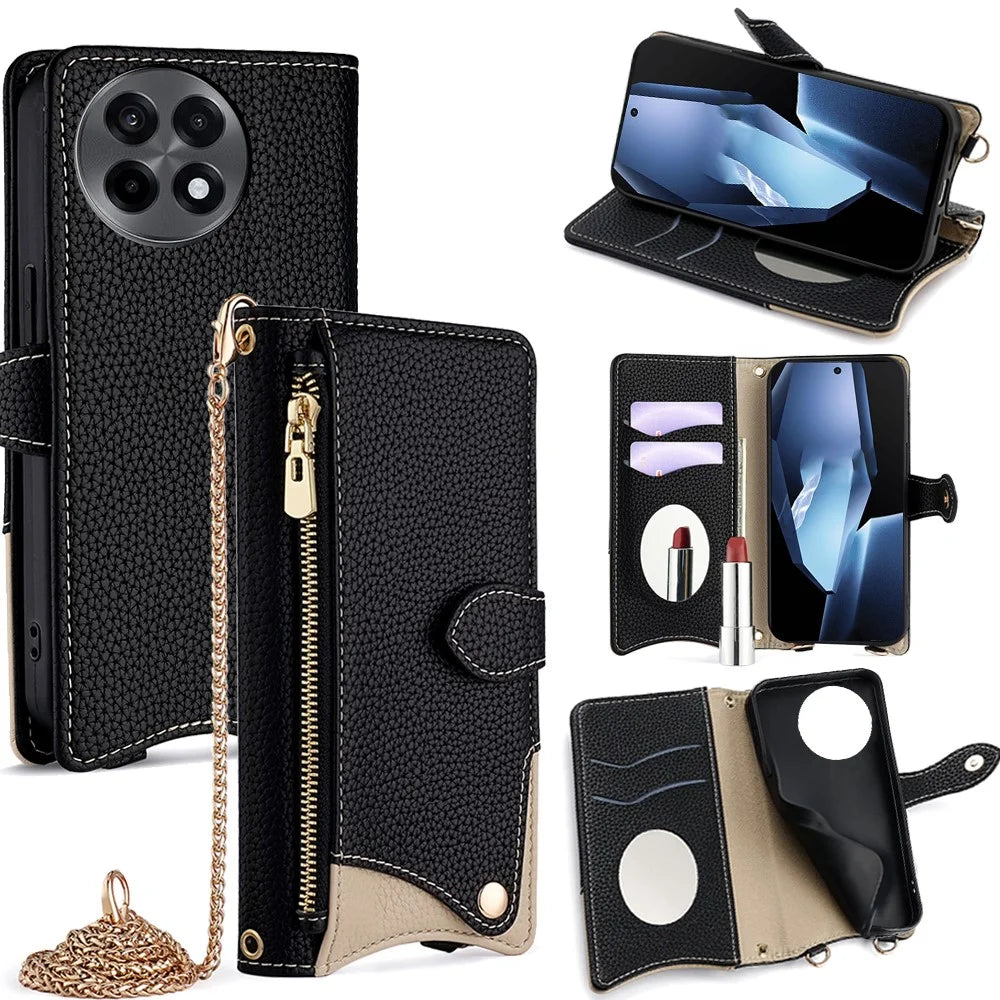 For OnePlus Ace 5 5G / 5 Pro 5G Wallet Case Fishtail Design Leather Phone Cover with Mirror / Stand / Strap - Black - 1