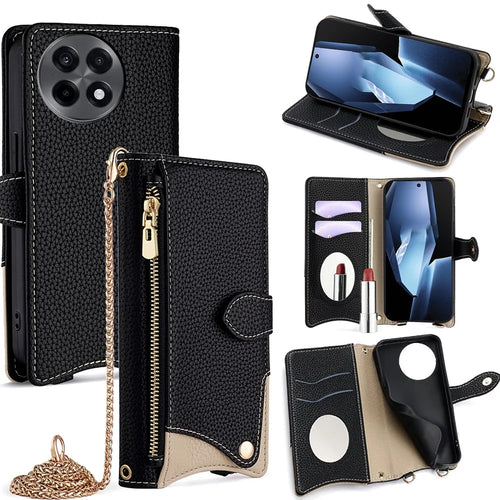 For OnePlus Ace 5 5G / 5 Pro 5G Wallet Case Fishtail Design Leather Phone Cover with Mirror / Stand / Strap - Black - 1