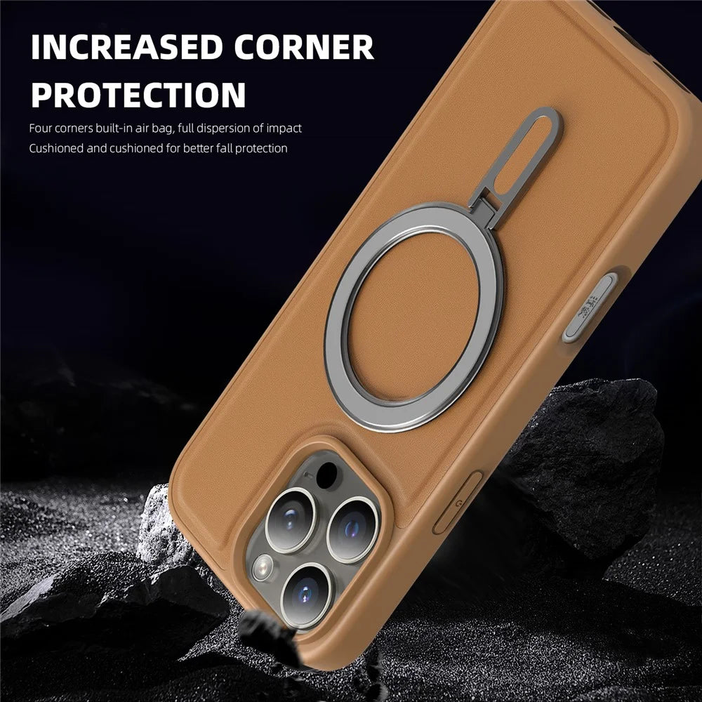For iPhone 16 Pro Max Case Compatible with MagSafe TPU + PU Kickstand Phone Back Cover - Brown - 2