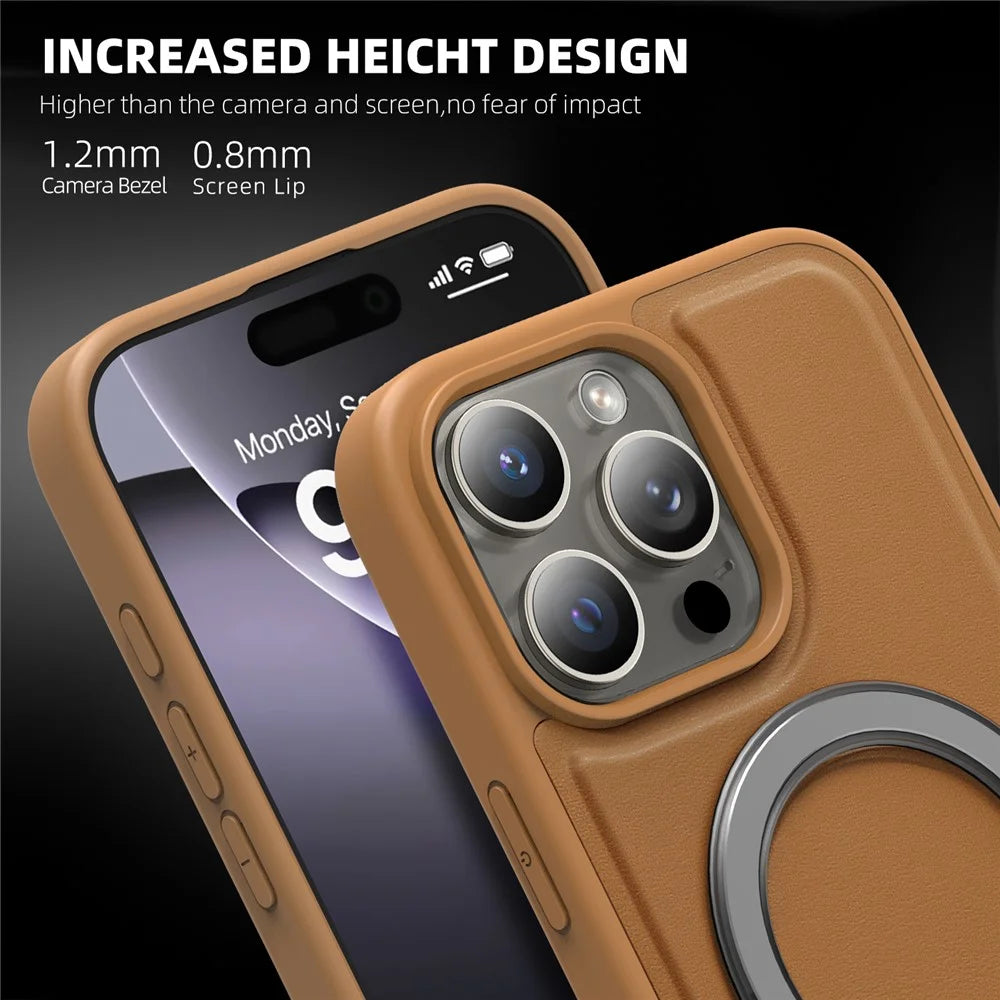 For iPhone 16 Pro Max Case Compatible with MagSafe TPU + PU Kickstand Phone Back Cover - Brown - 3