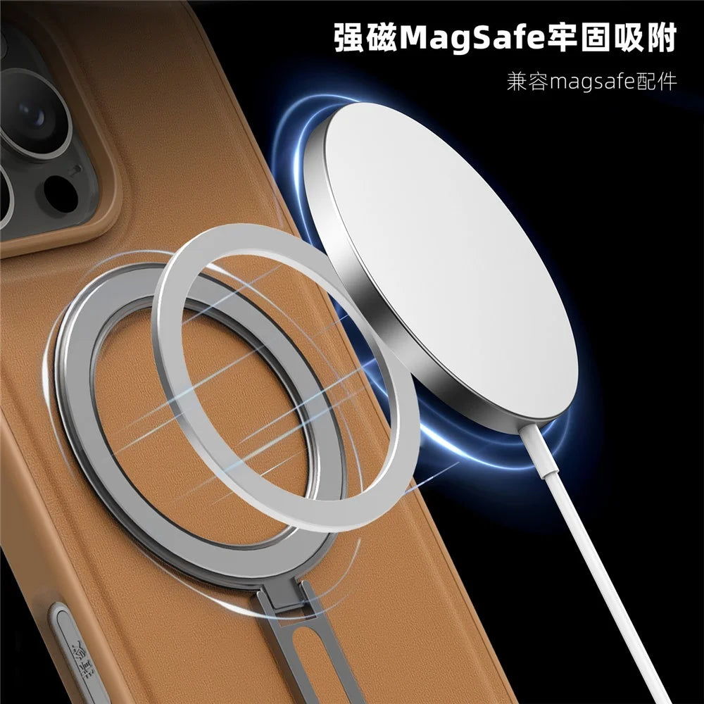 For iPhone 16 Pro Max Case Compatible with MagSafe TPU + PU Kickstand Phone Back Cover - Brown - 4