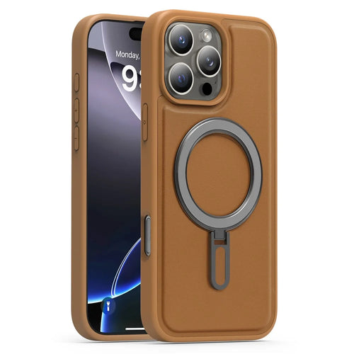 For iPhone 16 Pro Case Compatible with MagSafe TPU + PU Kickstand Phone Back Cover - Brown - 1