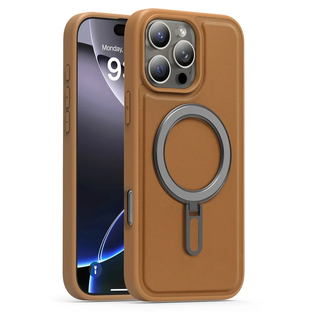 For iPhone 16 Pro Case Compatible with MagSafe TPU + PU Kickstand Phone Back Cover - Brown - 1