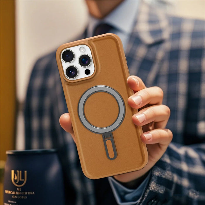 For iPhone 16 Pro Case Compatible with MagSafe TPU + PU Kickstand Phone Back Cover - Brown - 5