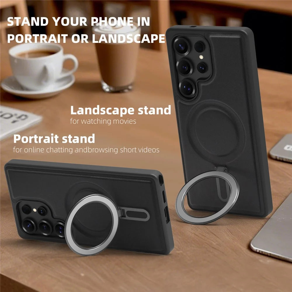 For Samsung Galaxy S24 Ultra Magnetic Case TPU + PU Kickstand Phone Back Cover - Black - 3