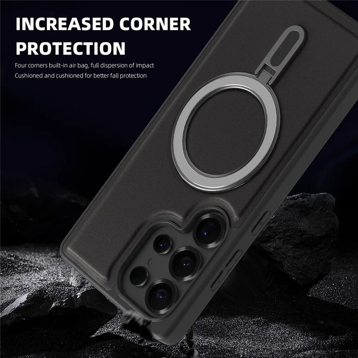 For Samsung Galaxy S25 Ultra Magnetic Case TPU + PU Kickstand Phone Back Cover - Black - 2