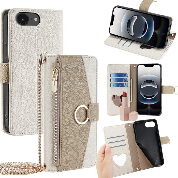 For iPhone 17e / 16e Case Mirror Wallet Leather Phone Cover with Chain Shoulder Strap - White - 1