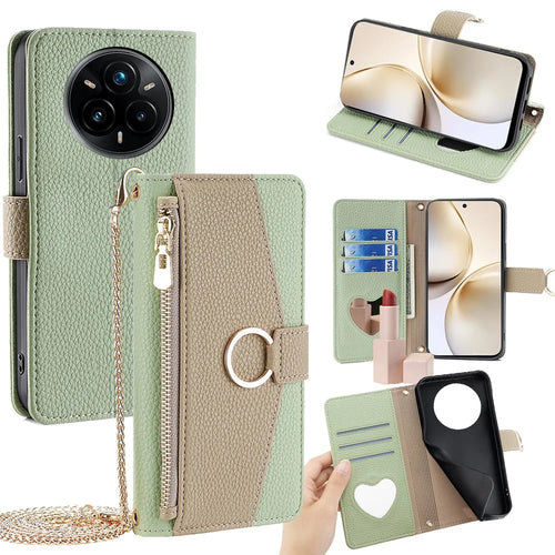 For Realme 14 Pro 5G Case Mirror Wallet Leather Phone Cover with Chain Shoulder Strap - Green - 1