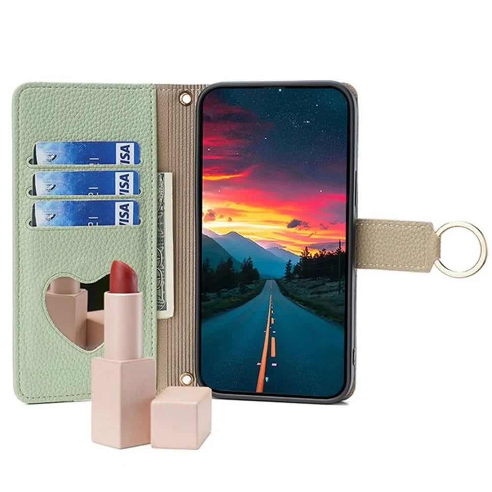 For Realme 14 Pro 5G Case Mirror Wallet Leather Phone Cover with Chain Shoulder Strap - Green - 2