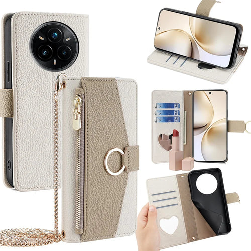 For Realme 14 Pro+ 5G Case Mirror Wallet Leather Phone Cover with Chain Shoulder Strap - White - 1