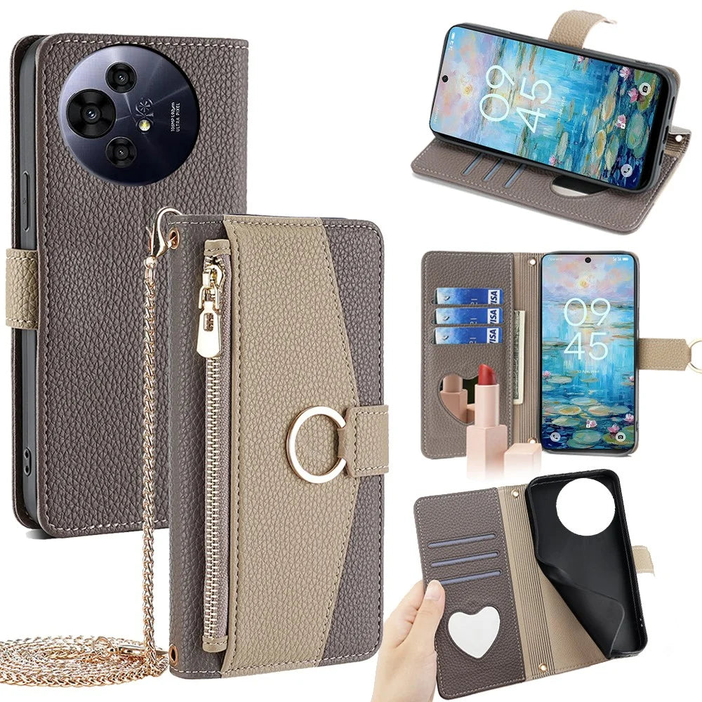 Wallet Case for TCL 50 NxtPaper 5G  /  50 Pro NxtPaper 5G Mirror Leather Phone Cover with Chain Shoulder Strap - Grey - 1