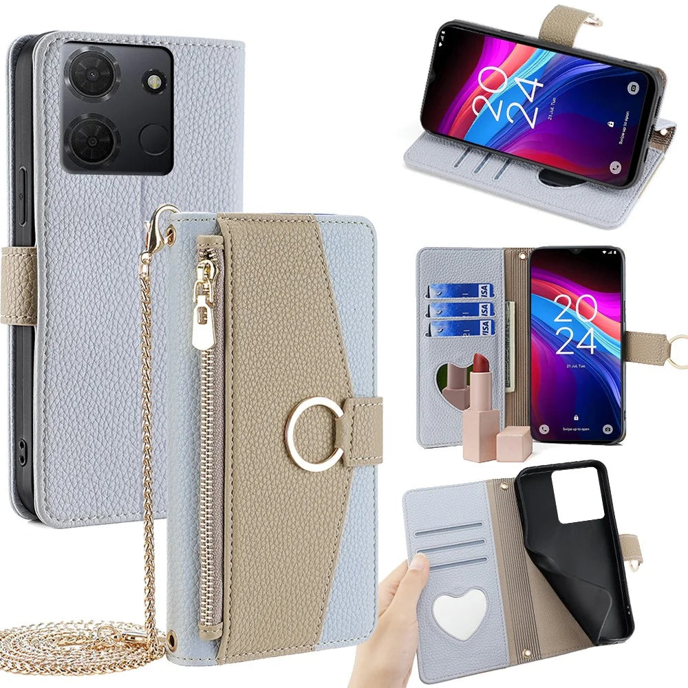 For TCL 503 Case Mirror Wallet Leather Phone Cover with Chain Shoulder Strap - Blue - 1
