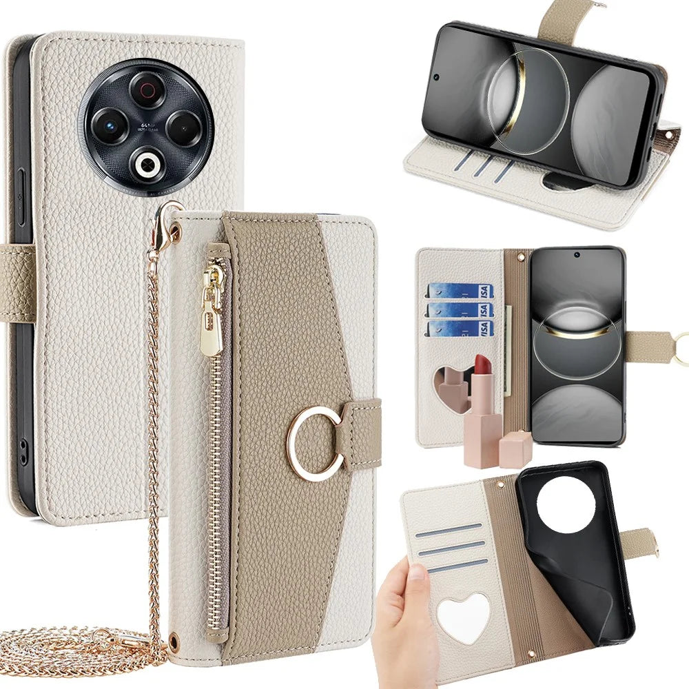 For TECNO Spark 30 4G Case Mirror Wallet Leather Phone Cover with Chain Shoulder Strap - White - 1