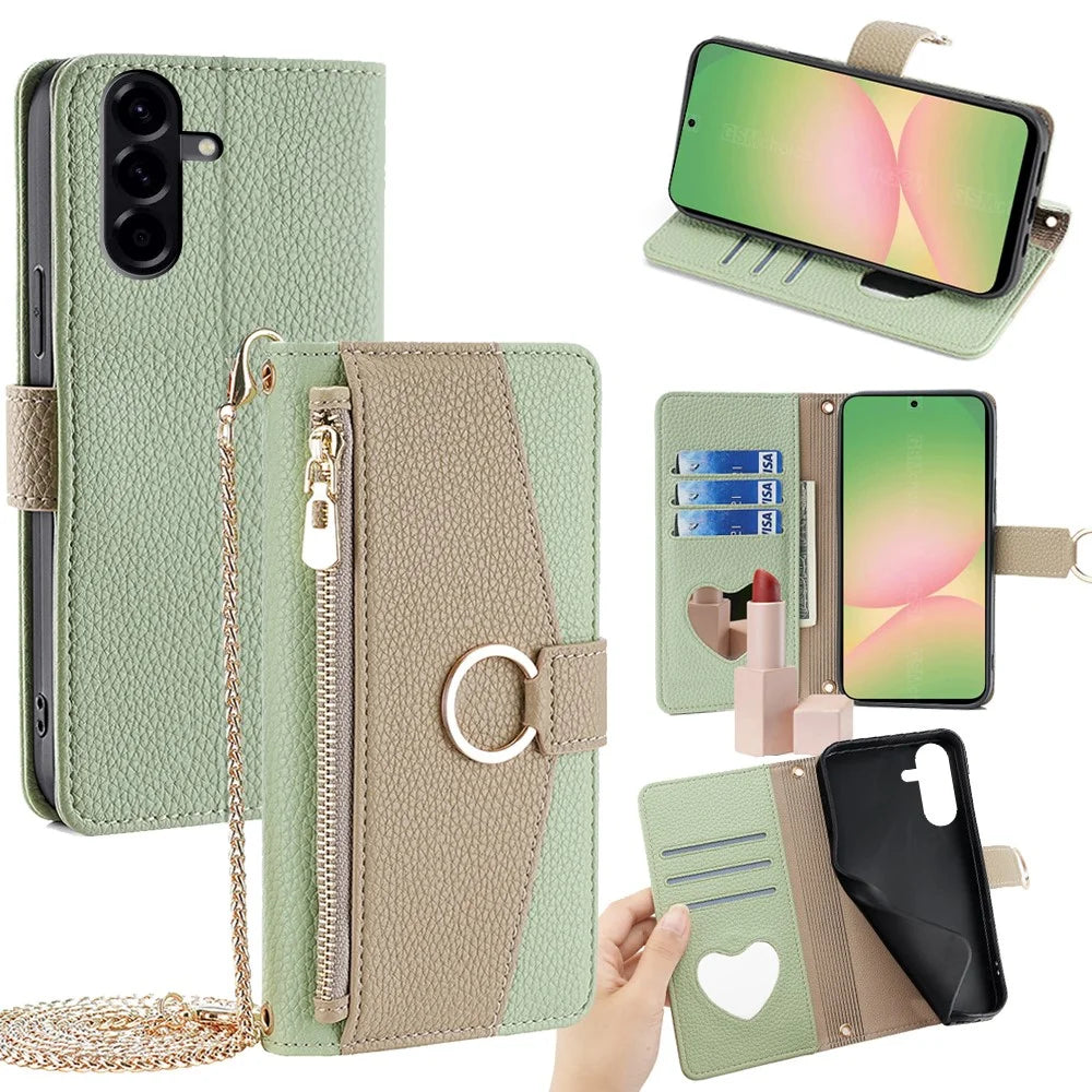 For Samsung Galaxy A56 5G Case Mirror Wallet Leather Phone Cover with Chain Shoulder Strap - Green - 1