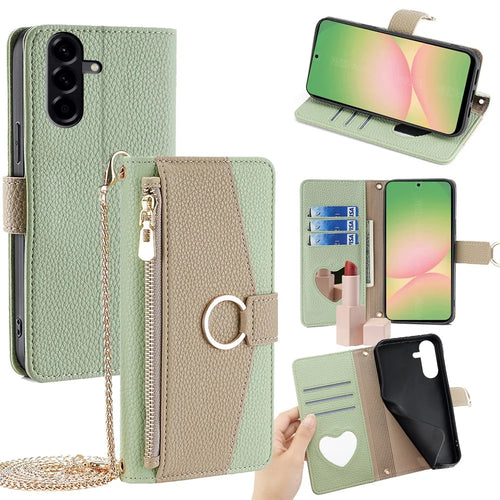 For Samsung Galaxy A56 5G Case Mirror Wallet Leather Phone Cover with Chain Shoulder Strap - Green - 1