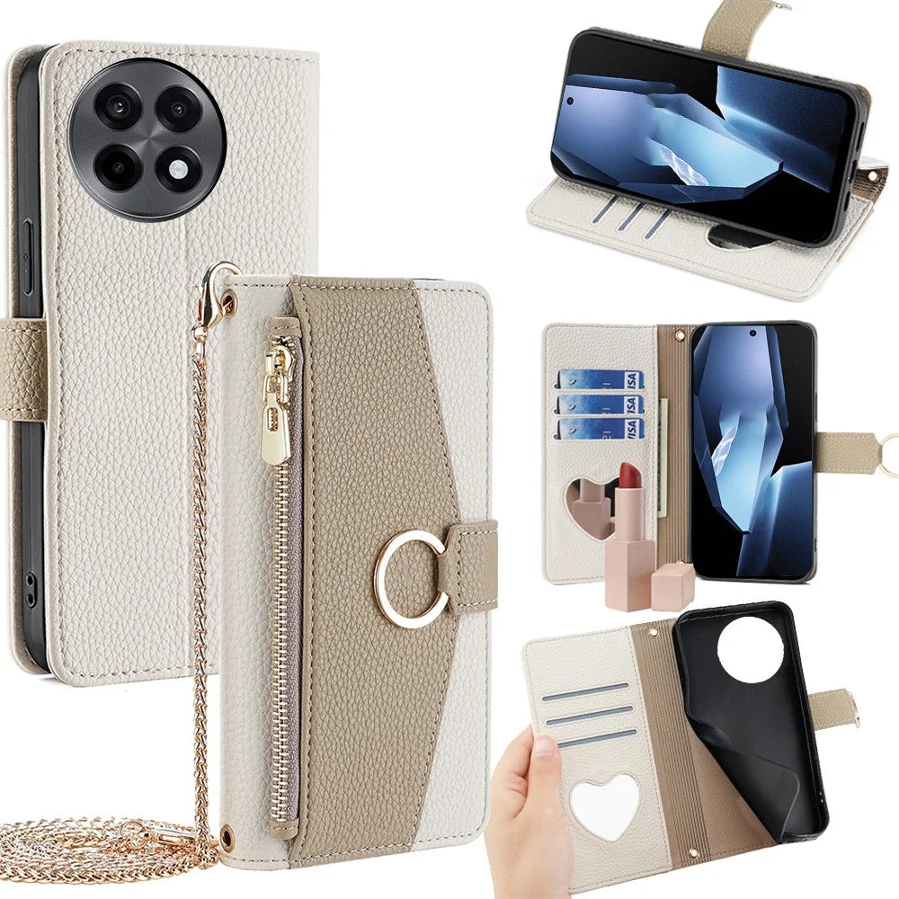For OnePlus Ace 5 5G / 5 Pro 5G Case Mirror Wallet Leather Phone Cover with Chain Shoulder Strap - White - 1